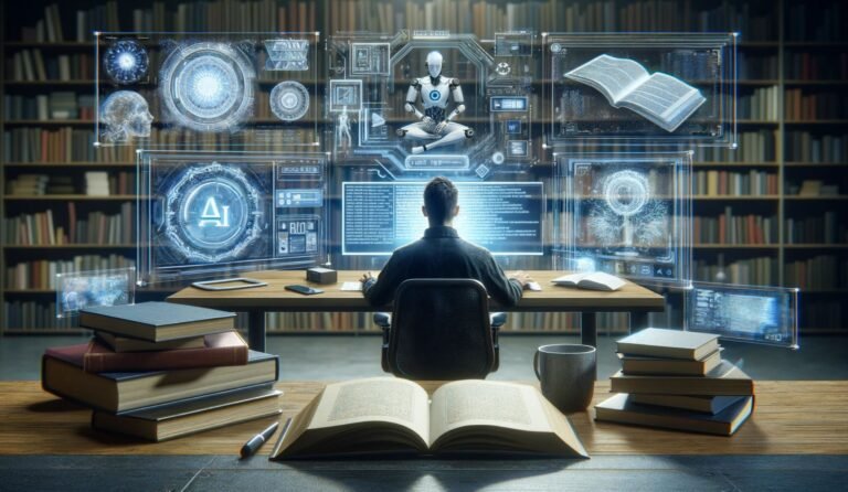 author-sitting-in-front-of-books-bookself-and-computer-monitors-writing-ai-content-blue