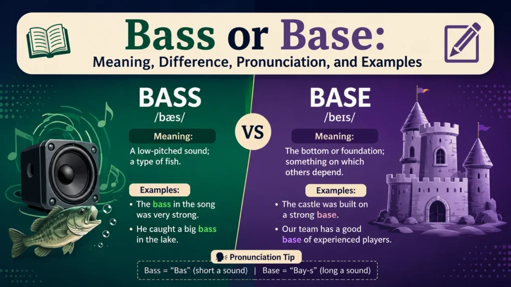 Bass or Base: Meaning, Difference, Pronunciation, and Examples