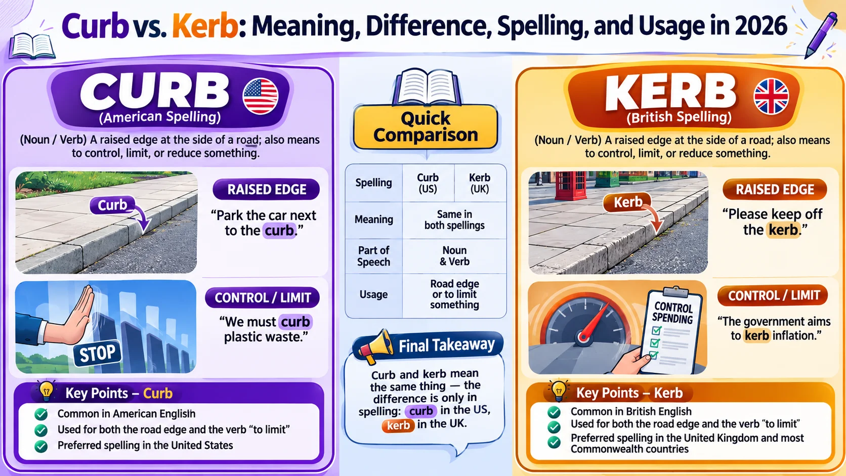 Curb vs. Kerb: Meaning, Difference, Spelling, and Usage in 2026