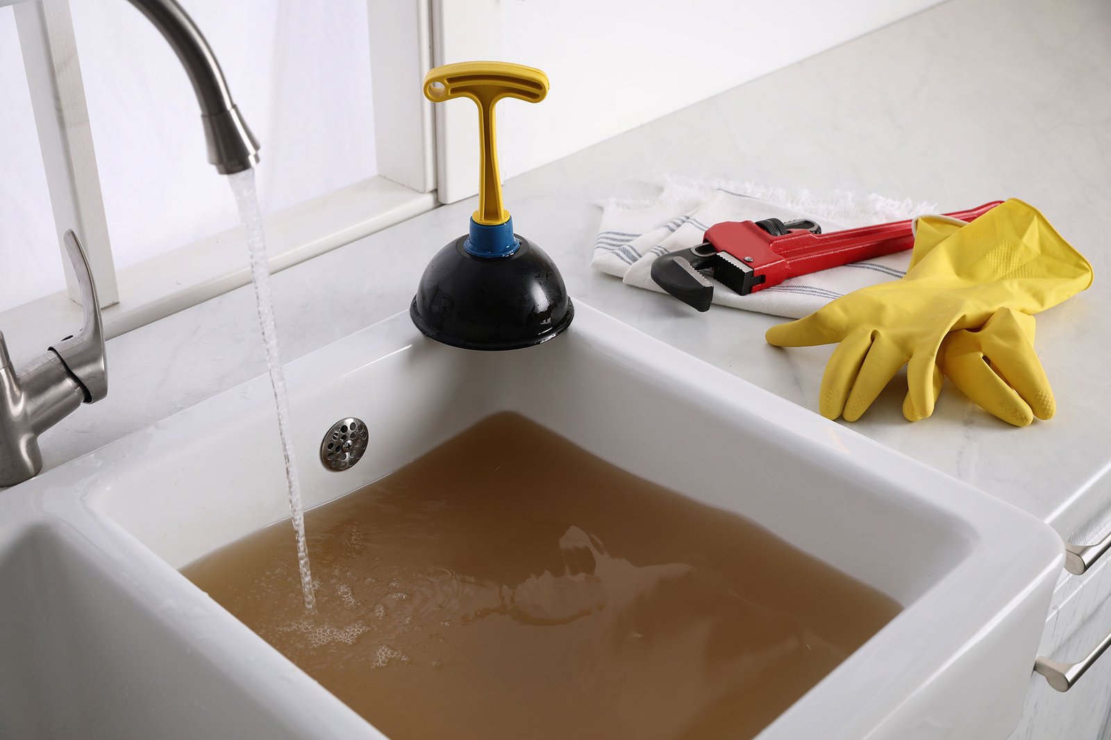 clogged-kitchen-sink-with-plumbger-on-counter