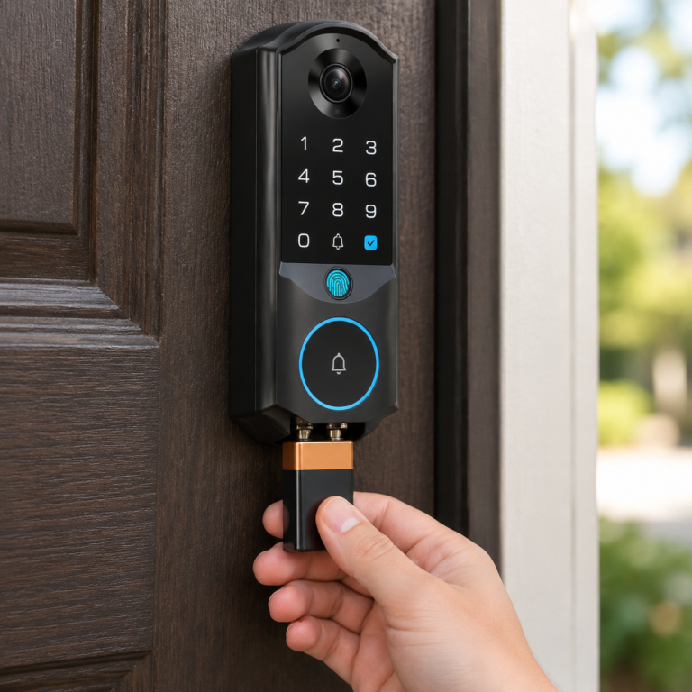 hand pressing a 9V battery against the emergency power contacts on the bottom edge of a smart lock keypad