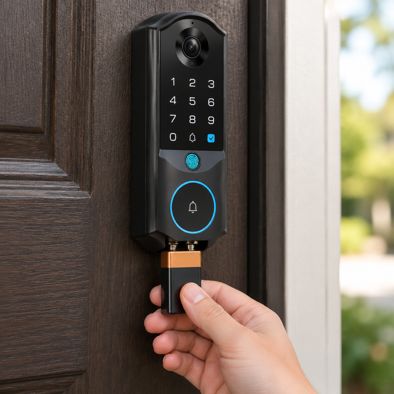 hand pressing a 9V battery against the emergency power contacts on the bottom edge of a smart lock keypad